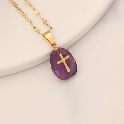 Retro Cross Stainless Steel Natural Stone Turquoise Pendant Necklace