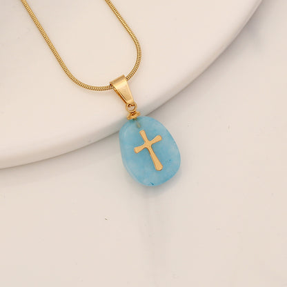 Retro Cross Stainless Steel Natural Stone Turquoise Pendant Necklace