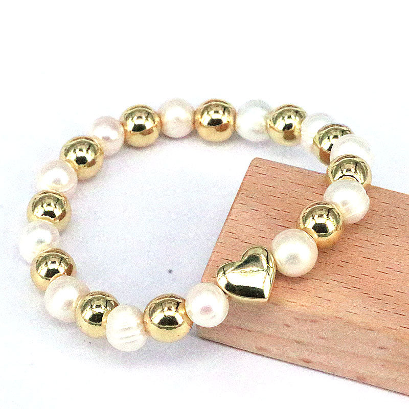 1 Piece Retro Geometric Heart Shape Freshwater Pearl Shell Copper Bracelets