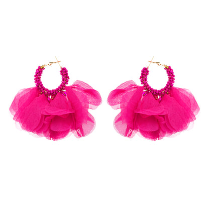 1 Pair Ethnic Style Flower Chiffon Pleated Inlay Beads Women's Earrings