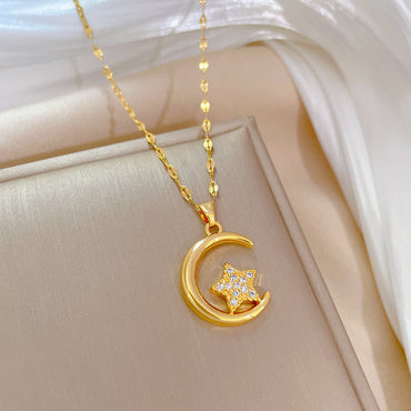 1 Piece Fashion Moon Stainless Steel Inlay Zircon Pendant Necklace