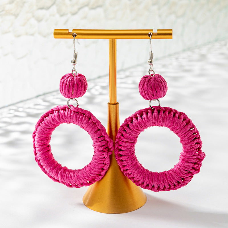 1 Pair Vacation Round Butterfly Alloy Raffia Shell Women's Drop Earrings