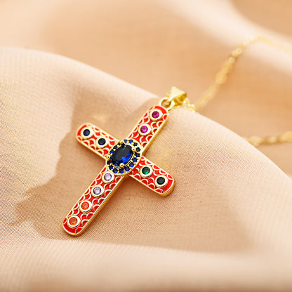 Roman Style Cross Steel Enamel Plating Inlay Zircon Pendant Necklace