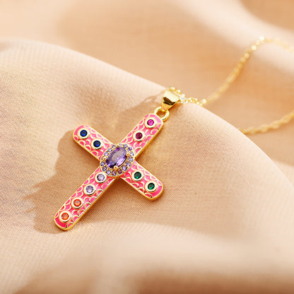 Roman Style Cross Steel Enamel Plating Inlay Zircon Pendant Necklace