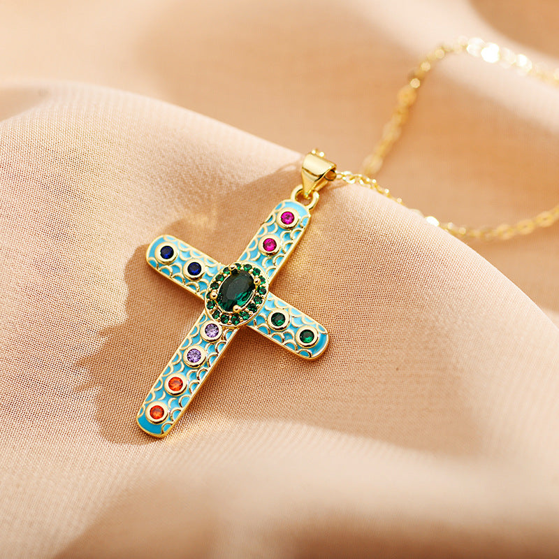 Roman Style Cross Steel Enamel Plating Inlay Zircon Pendant Necklace