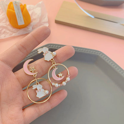 1 Pair Sweet Rabbit Animal Enamel Inlay Alloy Artificial Pearls Rhinestones Drop Earrings