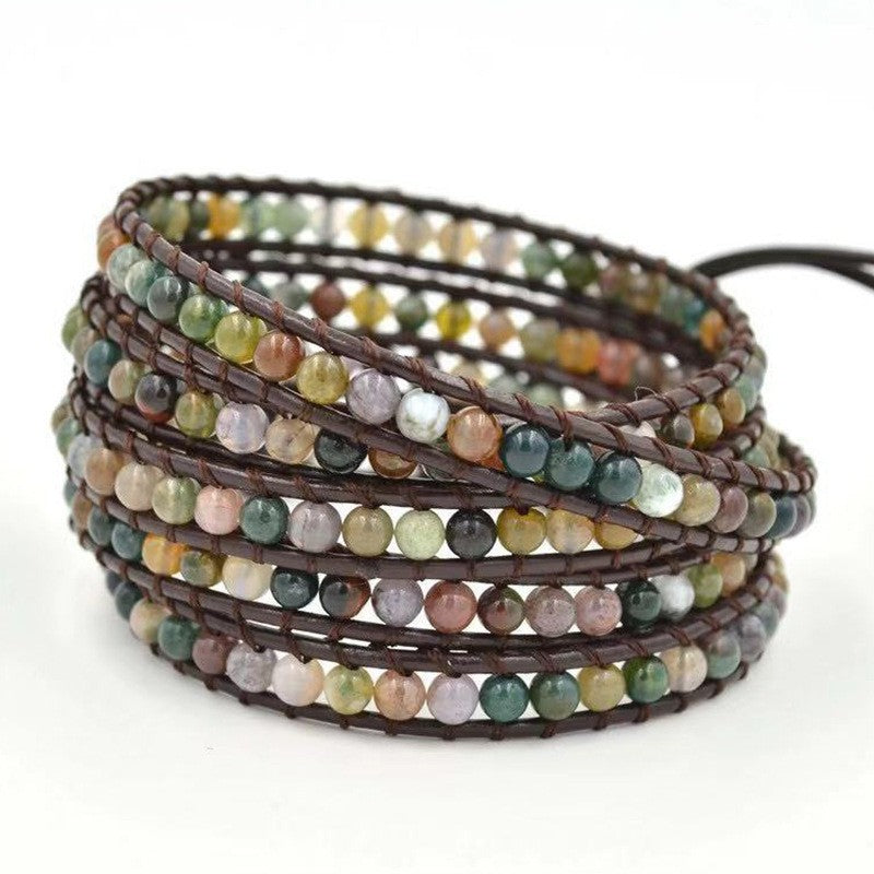 Retro Ethnic Style Geometric Color Block Pu Leather Natural Stone Beaded Braid Natural Stone Bracelets