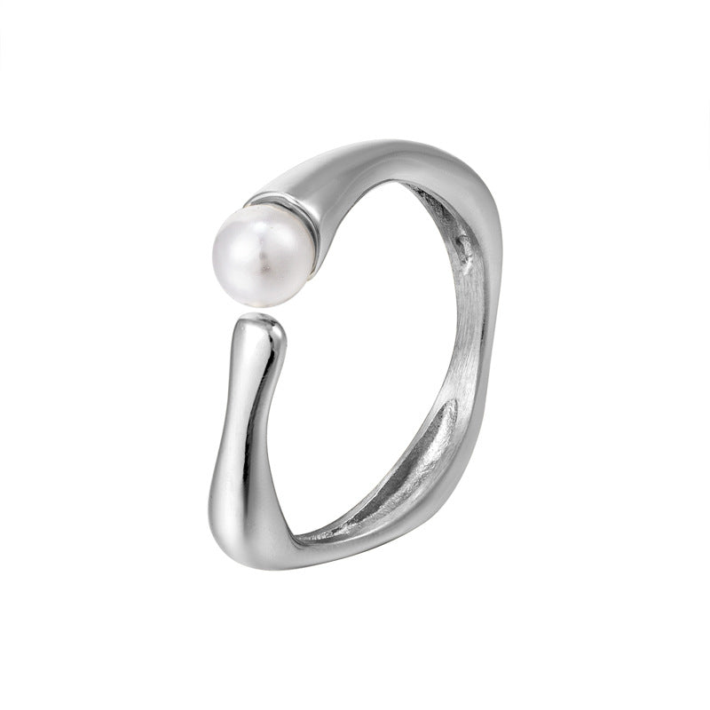 1 Piece Simple Style Solid Color Titanium Steel Plating Inlay Pearl Rings