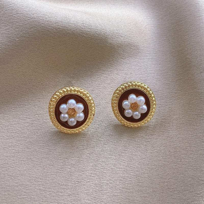 1 Pair Retro Square Oval Flower Alloy Inlay Artificial Pearls Rhinestones Women's Earrings