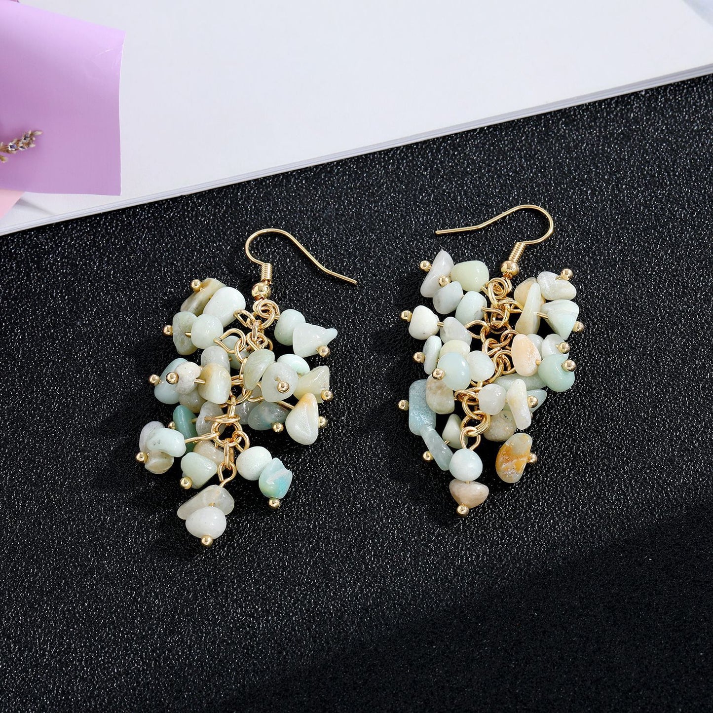 1 Pair Retro Printing Natural Stone Crystal Drop Earrings