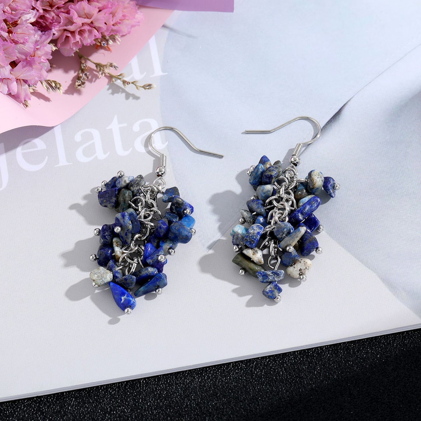 1 Pair Retro Printing Natural Stone Crystal Drop Earrings