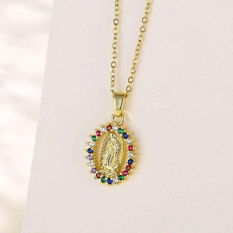 Shiny Portrait Faith Stainless Steel Brass Plating Inlay Zircon 18k Gold Plated Gold Plated Pendant Necklace