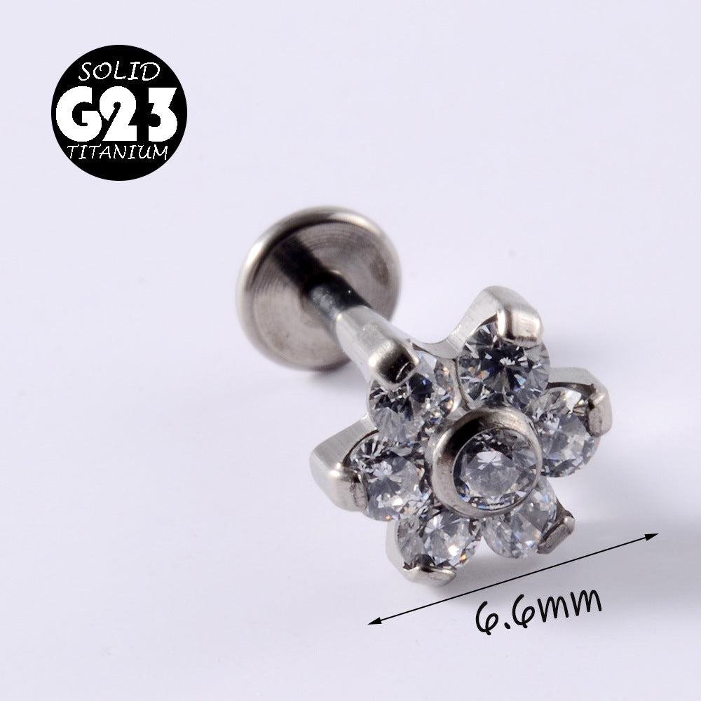 1 Piece Simple Style Flower Titanium Steel Plating Inlay Zircon Lip Stud Ear Studs