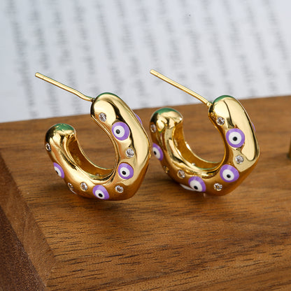 1 Pair Fashion C Shape Devil's Eye Enamel Inlay Copper Zircon 18k Gold Plated Ear Studs