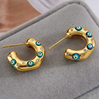 1 Pair Fashion C Shape Devil's Eye Enamel Inlay Copper Zircon 18k Gold Plated Ear Studs