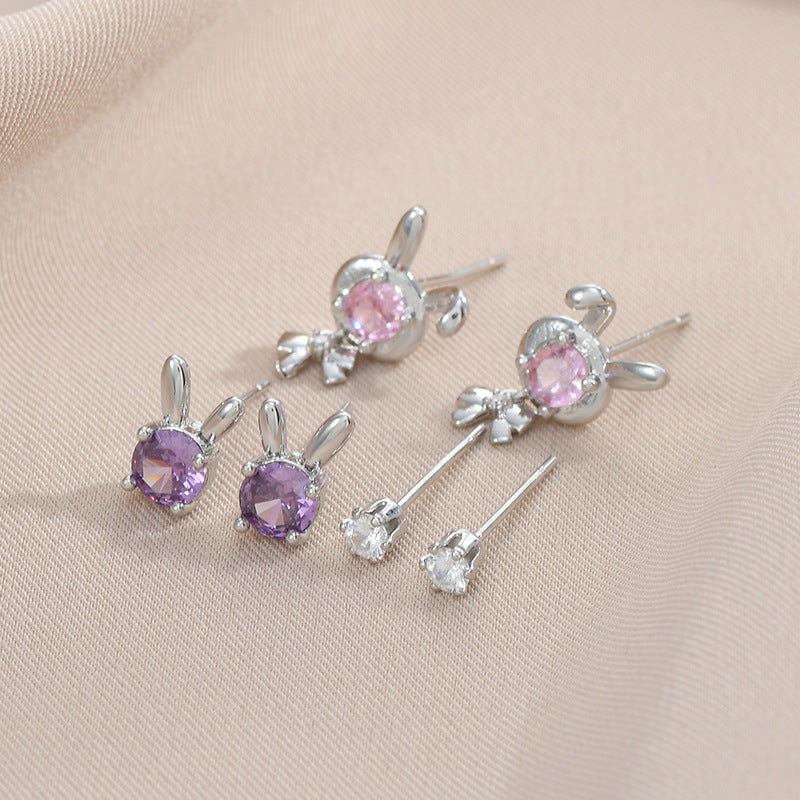 3 Pairs Cute Rabbit Copper Inlay Zircon Ear Studs