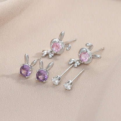 3 Pairs Cute Rabbit Copper Inlay Zircon Ear Studs