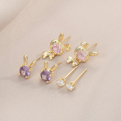 3 Pairs Cute Rabbit Copper Inlay Zircon Ear Studs