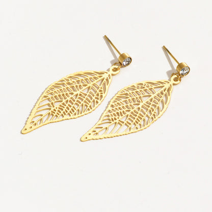 1 Pair Simple Style Leaves Stainless Steel Plating Hollow Out Inlay Rhinestones Drop Earrings