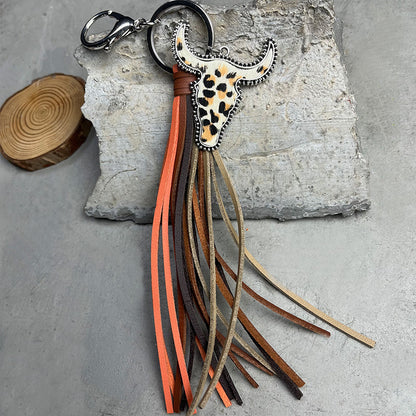 1 Piece Cowboy Style Bull Head Alloy Leather Tassel Bag Pendant Keychain