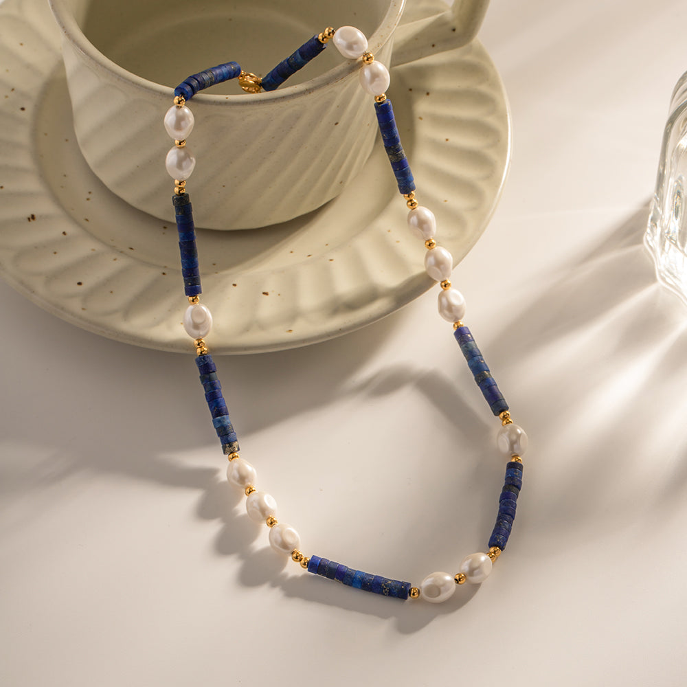 1 Piece Ins Style Round Stainless Steel Freshwater Pearl Lapis Lazuli Beaded Plating Necklace