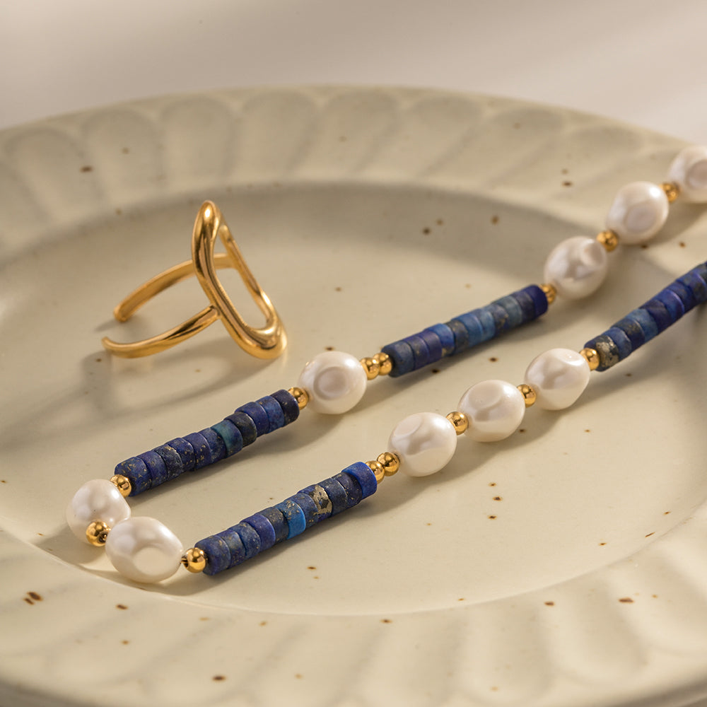 1 Piece Ins Style Round Stainless Steel Freshwater Pearl Lapis Lazuli Beaded Plating Necklace