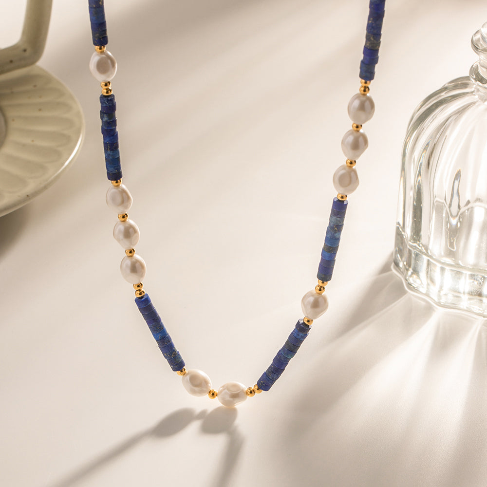 1 Piece Ins Style Round Stainless Steel Freshwater Pearl Lapis Lazuli Beaded Plating Necklace