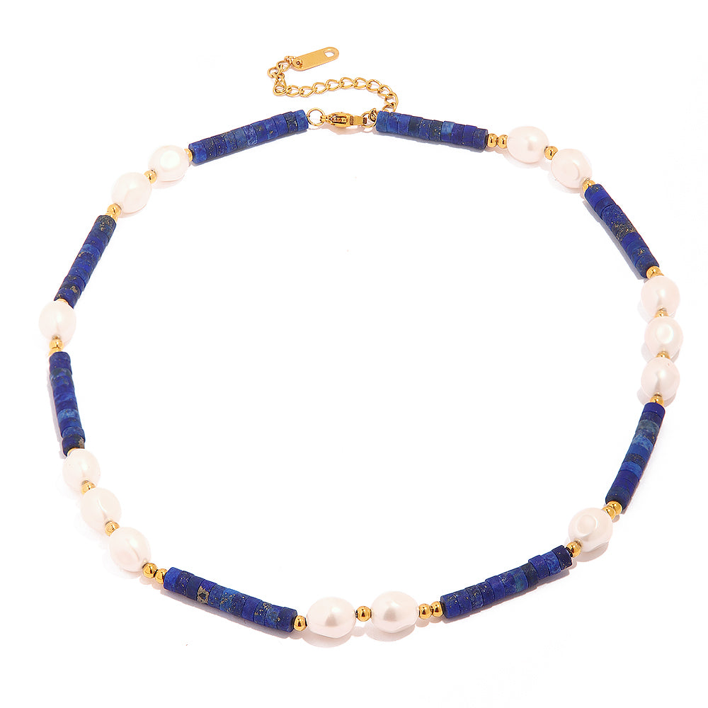 1 Piece Ins Style Round Stainless Steel Freshwater Pearl Lapis Lazuli Beaded Plating Necklace