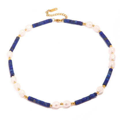 1 Piece Ins Style Round Stainless Steel Freshwater Pearl Lapis Lazuli Beaded Plating Necklace