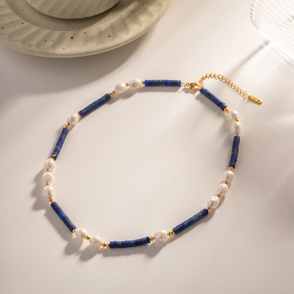 1 Piece Ins Style Round Stainless Steel Freshwater Pearl Lapis Lazuli Beaded Plating Necklace