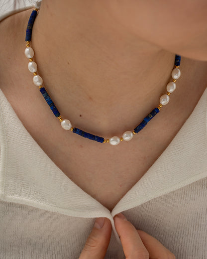 1 Piece Ins Style Round Stainless Steel Freshwater Pearl Lapis Lazuli Beaded Plating Necklace