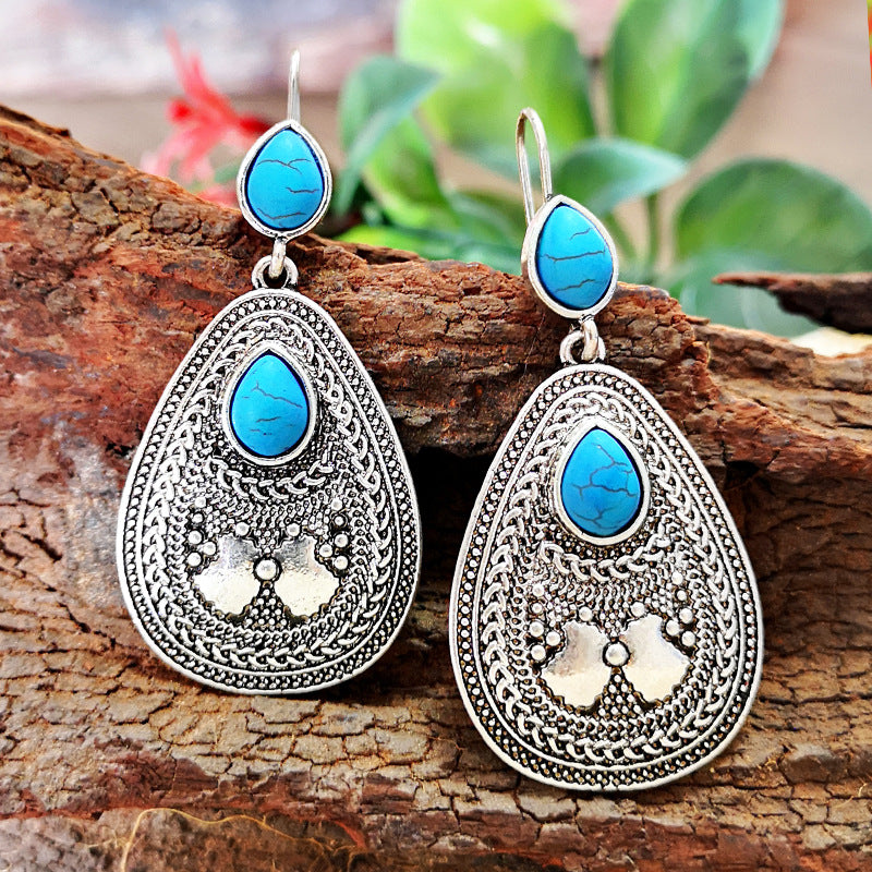 1 Pair Classical Ethnic Style Water Droplets Metal Inlay Turquoise Silver Plated Women's Drop Earrings