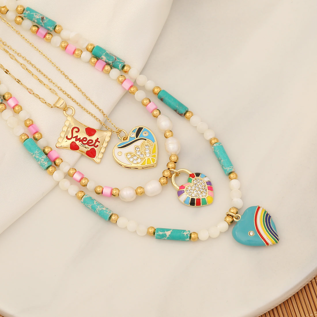 1 Piece Fashion Heart Shape Candy Beaded Natural Stone Handmade Enamel Inlay Rhinestones Pendant Necklace