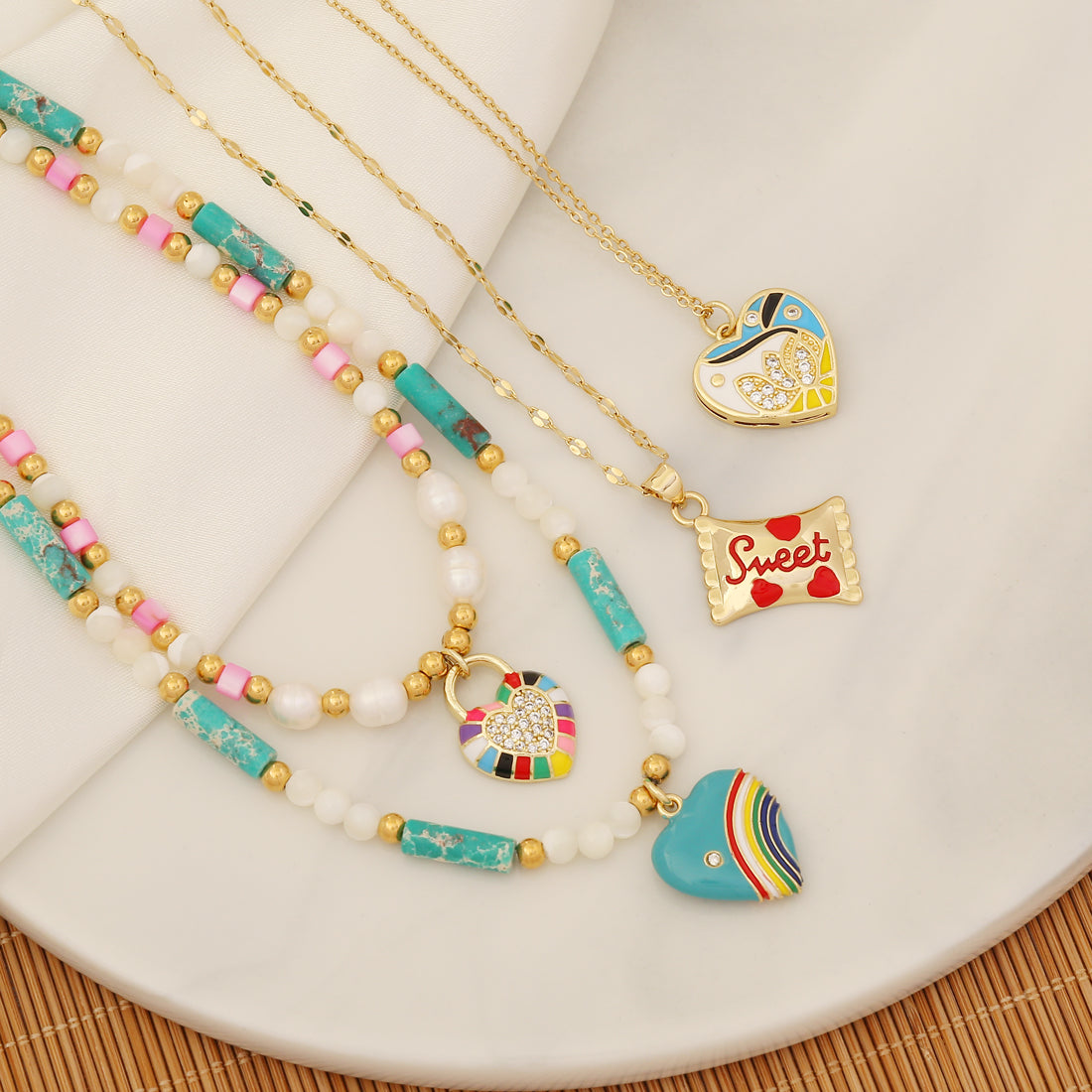 1 Piece Fashion Heart Shape Candy Beaded Natural Stone Handmade Enamel Inlay Rhinestones Pendant Necklace