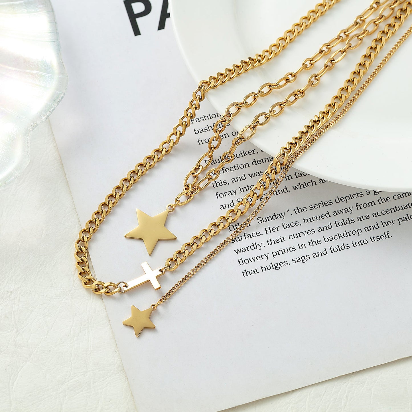 Vintage Style Cross Star Stainless Steel Plating 18k Gold Plated Double Layer Necklaces