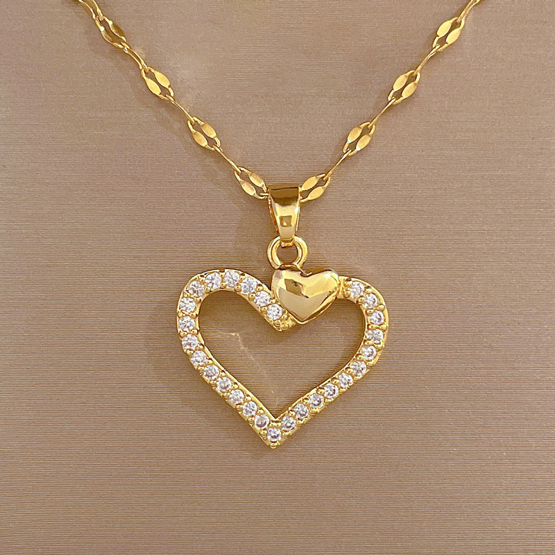 Fashion Heart Shape Titanium Steel Copper Inlay Zircon Pendant Necklace