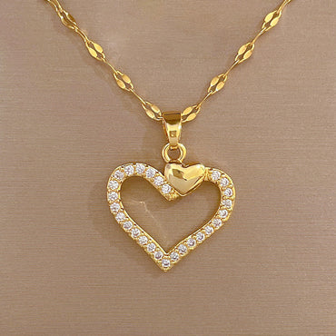 Fashion Heart Shape Titanium Steel Copper Inlay Zircon Pendant Necklace