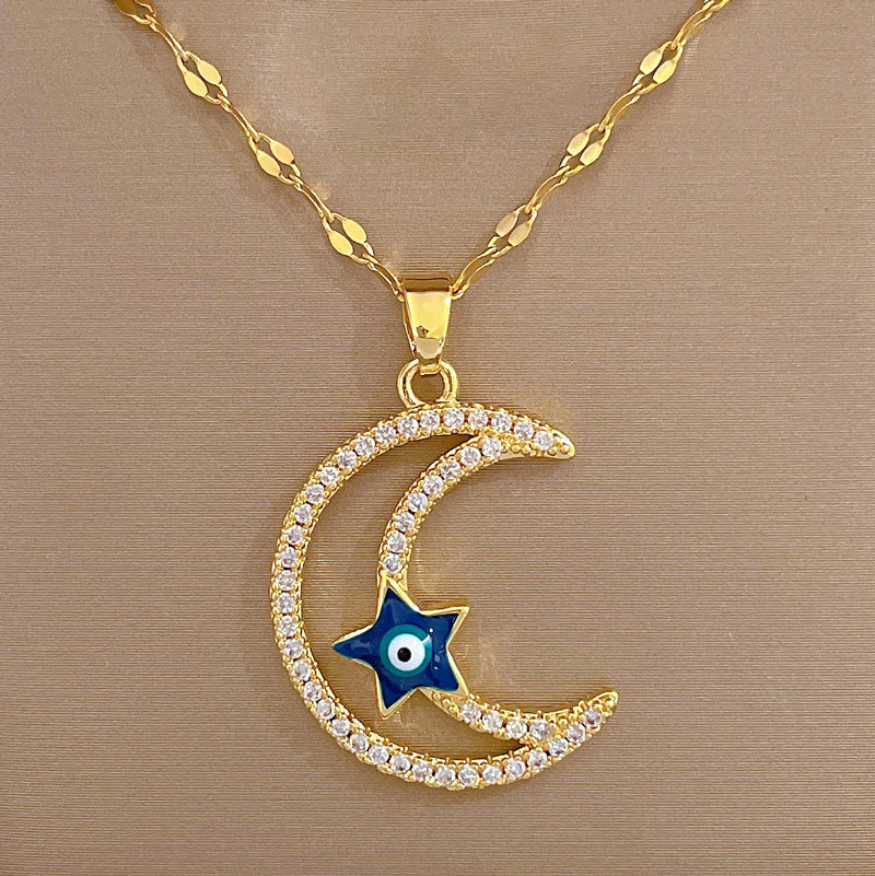 Fashion Moon Titanium Steel Copper Inlay Zircon Pendant Necklace