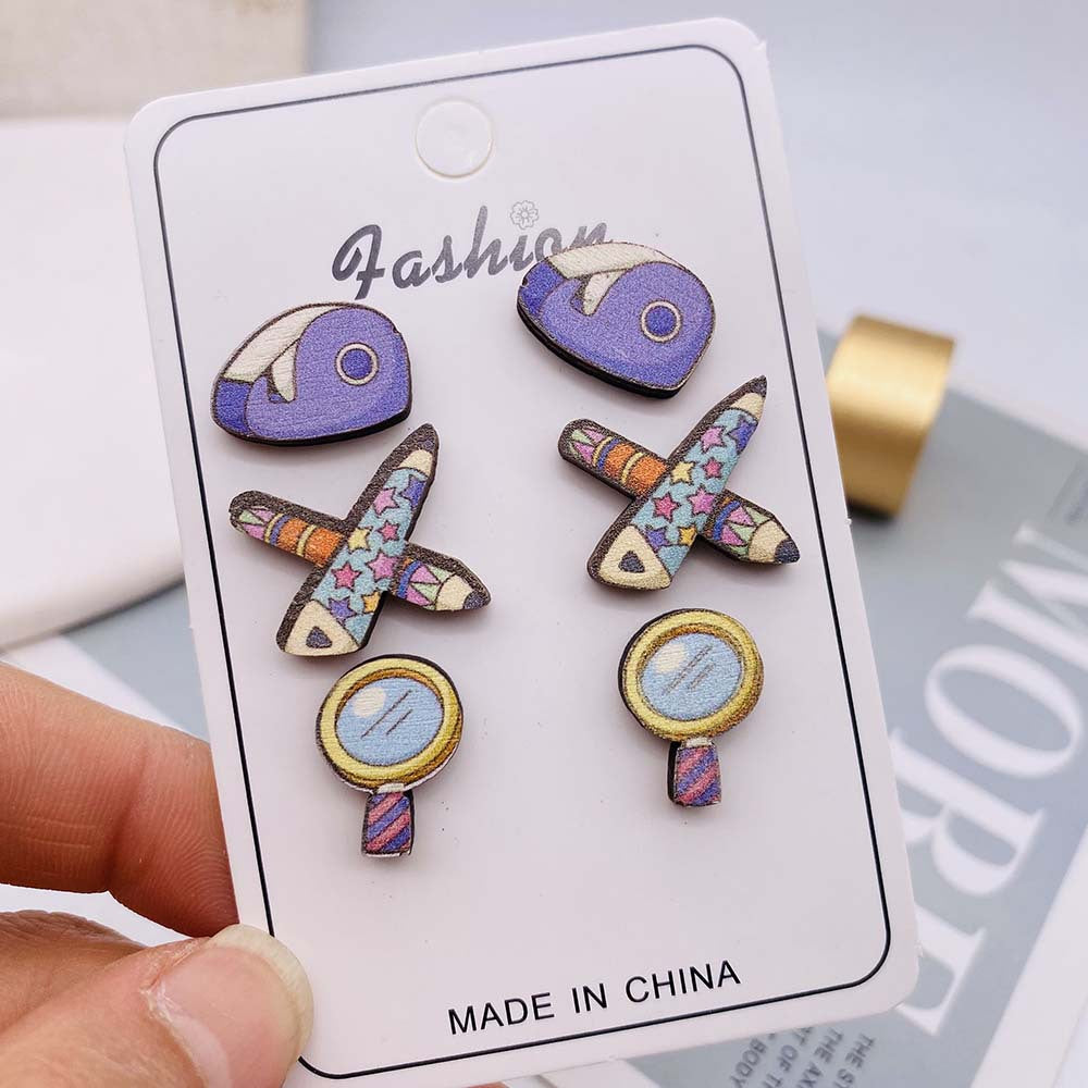 3 Pairs Fashion Scissors Star Fruit Wood Women's Ear Studs