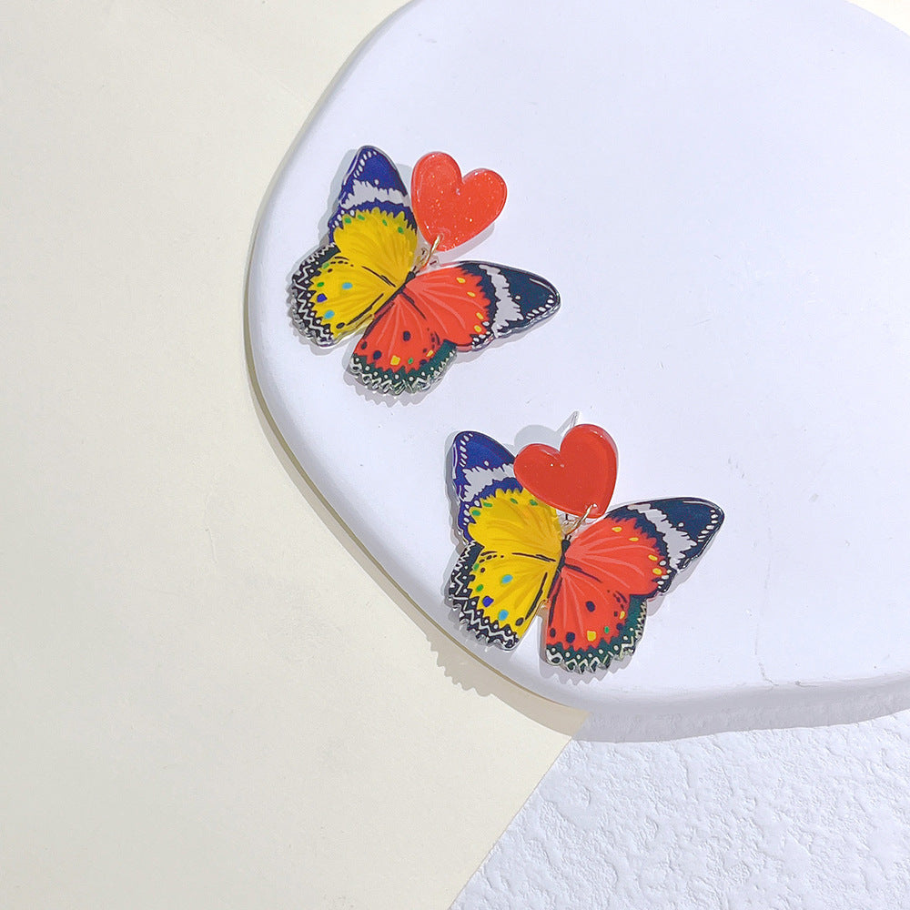 1 Pair Sweet Color Block Heart Shape Butterfly Arylic Epoxy Women's Drop Earrings