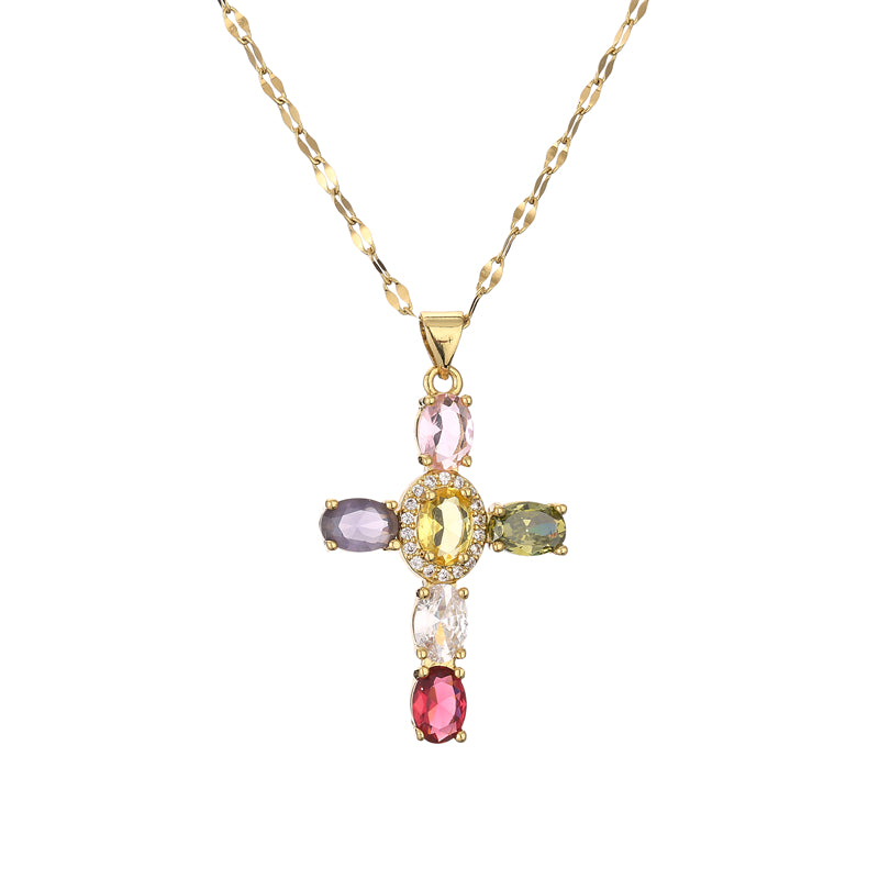 1 Piece Artistic Cross Copper Plating Inlay Zircon Pendant Necklace