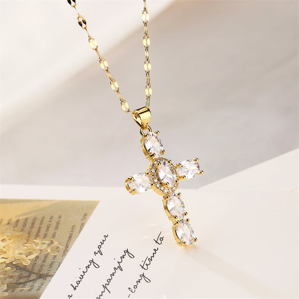 1 Piece Artistic Cross Copper Plating Inlay Zircon Pendant Necklace