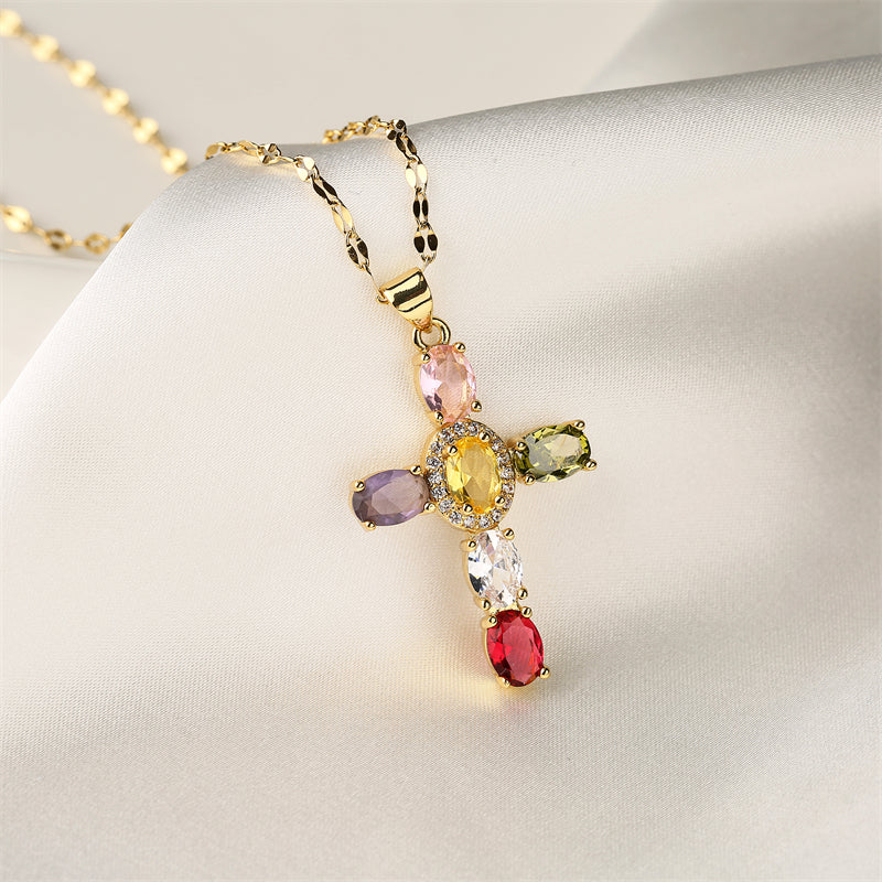 1 Piece Artistic Cross Copper Plating Inlay Zircon Pendant Necklace