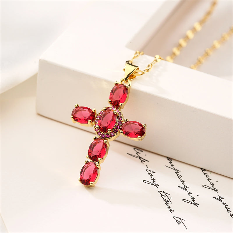 1 Piece Artistic Cross Copper Plating Inlay Zircon Pendant Necklace