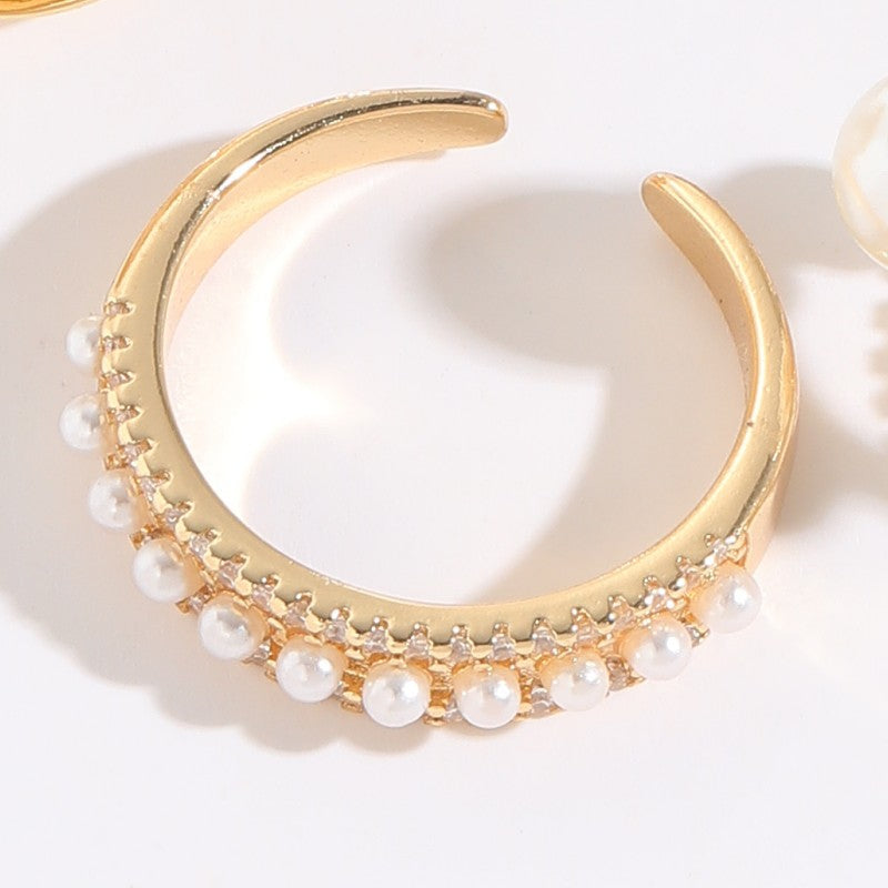 Fashion C Shape Copper 14k Gold Plated Artificial Pearls Zircon Open Ring In Bulk