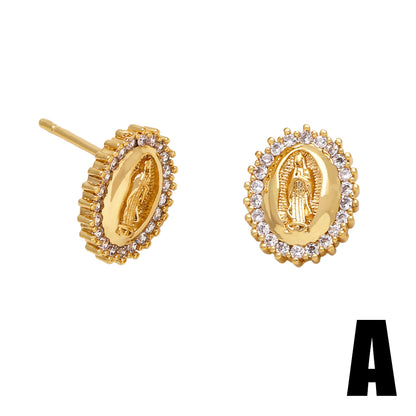 1 Pair Vintage Style Virgin Mary Oval Heart Shape Plating Inlay Copper Zircon 18k Gold Plated Ear Studs