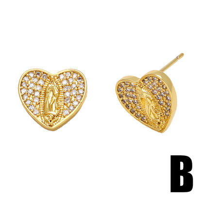 1 Pair Vintage Style Virgin Mary Oval Heart Shape Plating Inlay Copper Zircon 18k Gold Plated Ear Studs