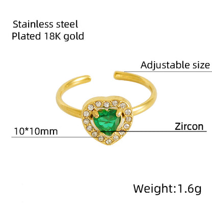 Shiny Square Water Droplets Heart Shape Stainless Steel Plating Inlay Zircon 18k Gold Plated Open Ring