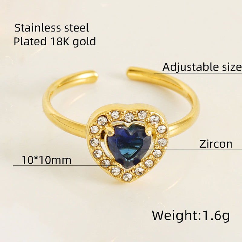 Shiny Square Water Droplets Heart Shape Stainless Steel Plating Inlay Zircon 18k Gold Plated Open Ring