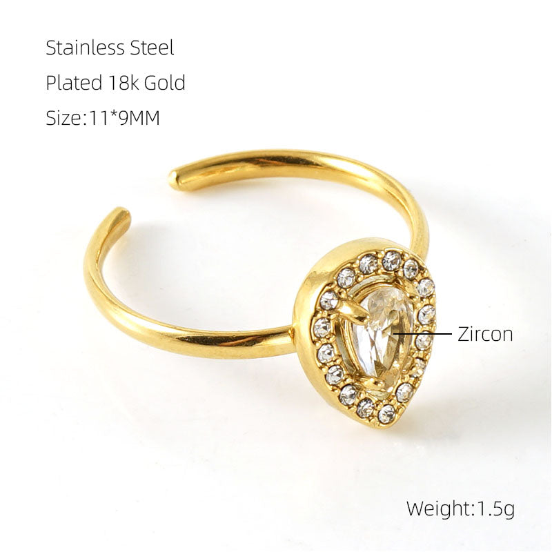 Shiny Square Water Droplets Heart Shape Stainless Steel Plating Inlay Zircon 18k Gold Plated Open Ring